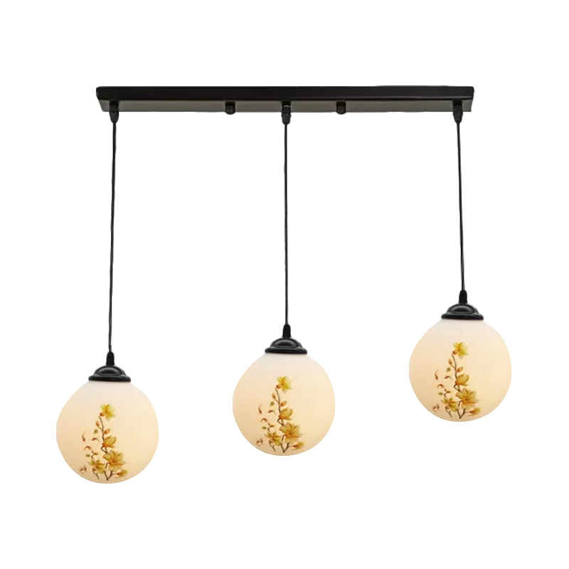Ball Frosted White Glass Multi Light Pendant Minimalist 3 Bulbs Dining Room Suspension Lamp with Linear/Round Canopy and Floral Pattern Clearhalo 'Ceiling Lights' 'Close To Ceiling Lights' 'Glass shade' 'Glass' 'Pendant Lights' 'Pendants' Lighting' 802311