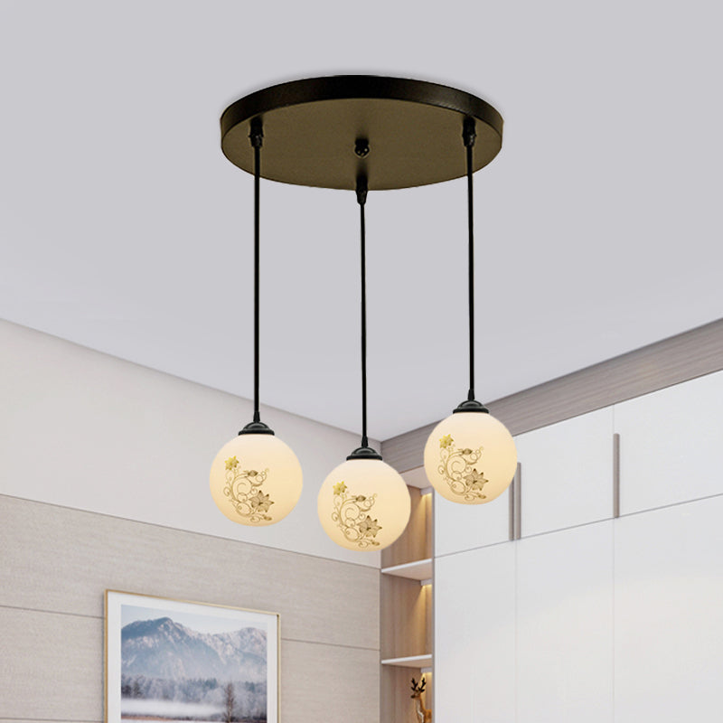 Black Sphere Multi Ceiling Lamp Modernism White Printing Glass 3-Light Dining Room Pendant with Round/Linear Canopy White B Round Clearhalo 'Ceiling Lights' 'Close To Ceiling Lights' 'Glass shade' 'Glass' 'Pendant Lights' 'Pendants' Lighting' 802312