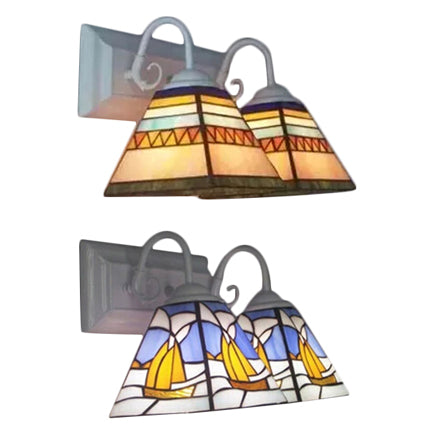 Pyramid Sconce Light Tiffany Style Stainless Glass 2 Lights White Vanity Wall Light for Living Room, Mediterranean/Boat Clearhalo 'Cast Iron' 'Glass' 'Industrial' 'Middle century wall lights' 'Modern' 'Tiffany wall lights' 'Tiffany' 'Traditional wall lights' 'Vanity Lights' 'Wall Lights' Lighting' 8032
