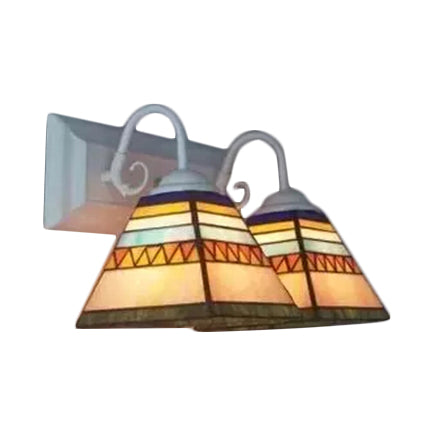 Pyramid Sconce Light Tiffany Style Stainless Glass 2 Lights White Vanity Wall Light for Living Room, Mediterranean/Boat Clearhalo 'Cast Iron' 'Glass' 'Industrial' 'Middle century wall lights' 'Modern' 'Tiffany wall lights' 'Tiffany' 'Traditional wall lights' 'Vanity Lights' 'Wall Lights' Lighting' 8033