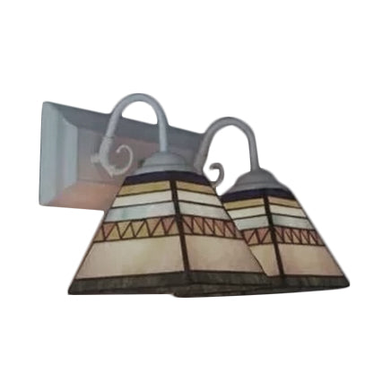 Pyramid Sconce Light Tiffany Style Stainless Glass 2 Lights White Vanity Wall Light for Living Room, Mediterranean/Boat Clearhalo 'Cast Iron' 'Glass' 'Industrial' 'Middle century wall lights' 'Modern' 'Tiffany wall lights' 'Tiffany' 'Traditional wall lights' 'Vanity Lights' 'Wall Lights' Lighting' 8034