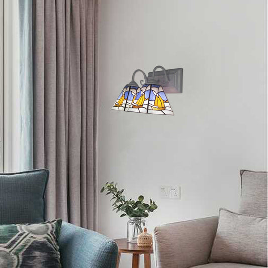 Pyramid Sconce Light Tiffany Style Stainless Glass 2 Lights White Vanity Wall Light for Living Room, Mediterranean/Boat White Boat Clearhalo 'Cast Iron' 'Glass' 'Industrial' 'Middle century wall lights' 'Modern' 'Tiffany wall lights' 'Tiffany' 'Traditional wall lights' 'Vanity Lights' 'Wall Lights' Lighting' 8038