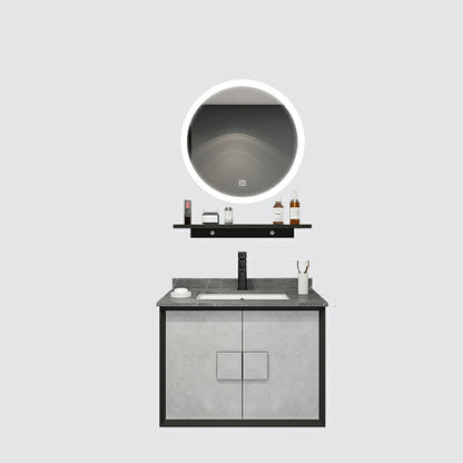 Modern Wall Mount Stone Bathroom Vanity Set with Doors Mirror Vanity & Faucet & Round Mirror 24"L x 20"W x 22"H Clearhalo 'Bathroom Remodel & Bathroom Fixtures' 'Bathroom Vanities' 'bathroom_vanities' 'Home Improvement' 'home_improvement' 'home_improvement_bathroom_vanities' 8052282