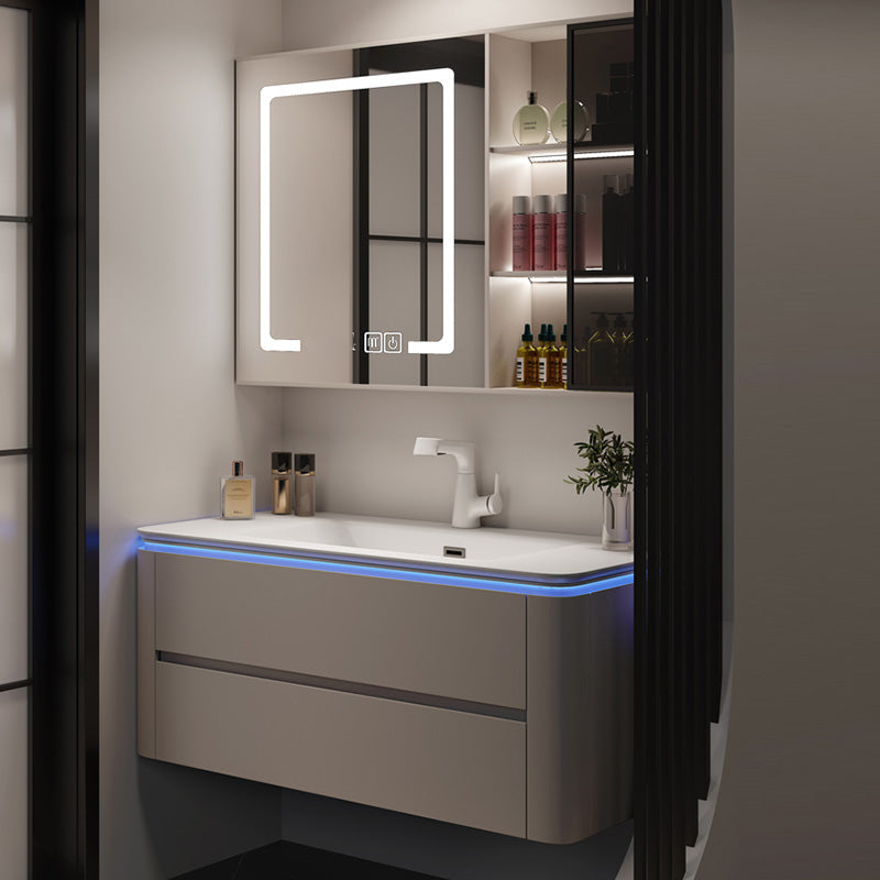 Modern Sink Vanity Ceramic Top Wall-Mounted with Soft Close Door Vanity & Faucet & Mirror Cabinet with Glass Door 40"L x 18"W x 20"H Smart Control Included Clearhalo 'Bathroom Remodel & Bathroom Fixtures' 'Bathroom Vanities' 'bathroom_vanities' 'Home Improvement' 'home_improvement' 'home_improvement_bathroom_vanities' 8061065