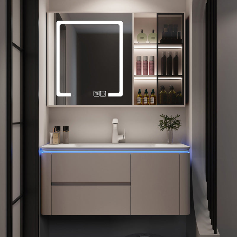 Modern Sink Vanity Ceramic Top Wall-Mounted with Soft Close Door Vanity & Faucet & Mirror Cabinet with Glass Door 43"L x 18"W x 20"H Smart Control Included Clearhalo 'Bathroom Remodel & Bathroom Fixtures' 'Bathroom Vanities' 'bathroom_vanities' 'Home Improvement' 'home_improvement' 'home_improvement_bathroom_vanities' 8061069