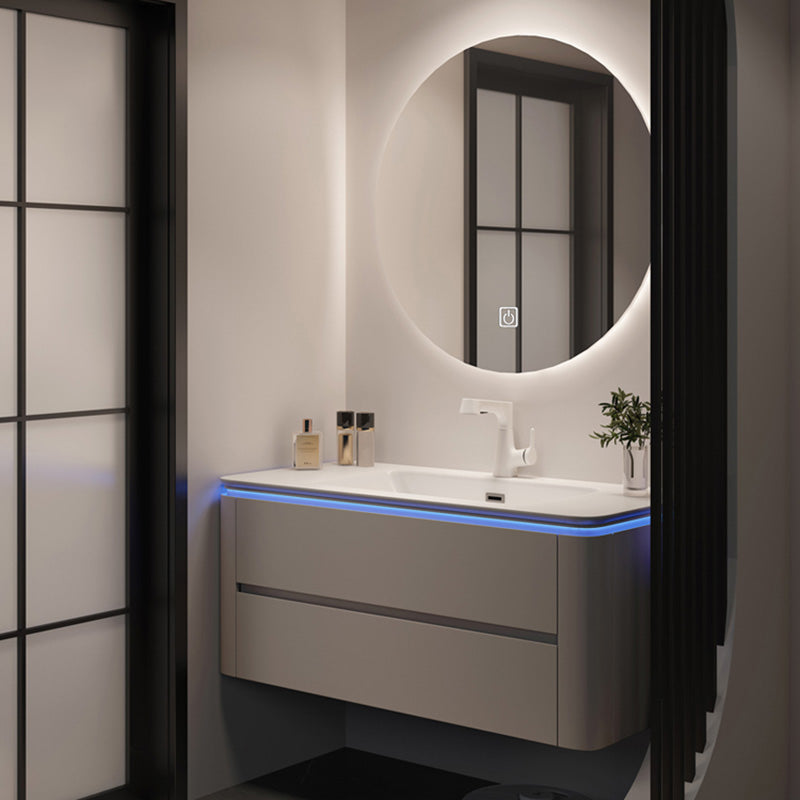 Modern Sink Vanity Ceramic Top Wall-Mounted with Soft Close Door Vanity & Faucet & Mirrors 40"L x 18"W x 20"H Smart Control Included Clearhalo 'Bathroom Remodel & Bathroom Fixtures' 'Bathroom Vanities' 'bathroom_vanities' 'Home Improvement' 'home_improvement' 'home_improvement_bathroom_vanities' 8061070