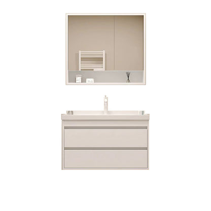 White Bathroom Vanity Wood Frame Mirror Waterproof Single Sink Overflow with 2 Drawers 24"L x 19"W x 20"H Clearhalo 'Bathroom Remodel & Bathroom Fixtures' 'Bathroom Vanities' 'bathroom_vanities' 'Home Improvement' 'home_improvement' 'home_improvement_bathroom_vanities' 8080643