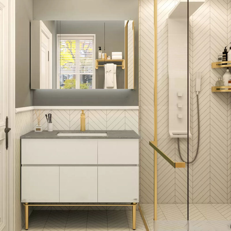 Modern Bathroom Vanity Set Limestone Top with Drawers and Basin Vanity & Faucet & Mirror Cabinet Smart Control Not Included Clearhalo 'Bathroom Remodel & Bathroom Fixtures' 'Bathroom Vanities' 'bathroom_vanities' 'Home Improvement' 'home_improvement' 'home_improvement_bathroom_vanities' 8081151