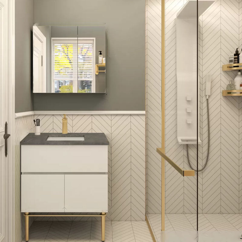 Modern Bathroom Vanity Set Limestone Top with Drawers and Basin Vanity & Faucet & Mirror Cabinet Smart Control Not Included Clearhalo 'Bathroom Remodel & Bathroom Fixtures' 'Bathroom Vanities' 'bathroom_vanities' 'Home Improvement' 'home_improvement' 'home_improvement_bathroom_vanities' 8081153