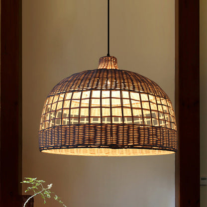 Beige Gridded Bowl Drop Pendant Countryside 1 Bulb Bamboo Ceiling Suspension Lamp over Table Beige Clearhalo 'Ceiling Lights' 'Pendant Lights' 'Pendants' Lighting' 808151_87224a8e-44bc-4ef8-b930-5e9f7121cd72