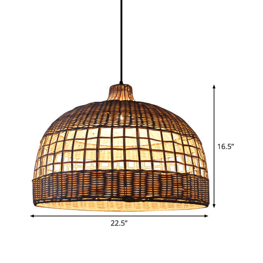 Beige Gridded Bowl Drop Pendant Countryside 1 Bulb Bamboo Ceiling Suspension Lamp over Table Clearhalo 'Ceiling Lights' 'Pendant Lights' 'Pendants' Lighting' 808155