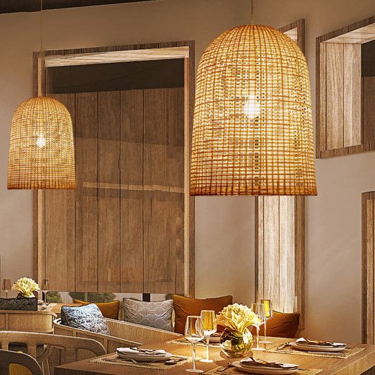 1-Light Restaurant Ceiling Pendant Chinese Beige Pendant Lighting with Elongated Grid Bamboo Shade Clearhalo 'Ceiling Lights' 'Pendant Lights' 'Pendants' Lighting' 808172
