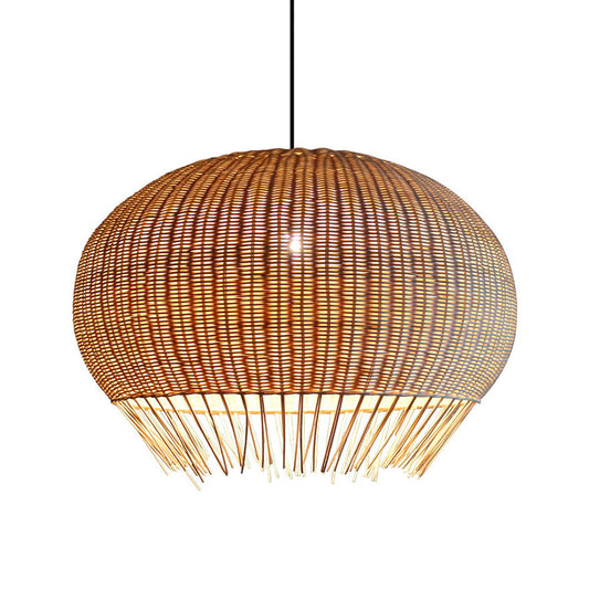 Sphere Dining Hall Hanging Pendant Bamboo 1 Bulb Asian Suspension Lighting with Fringe in Beige Clearhalo 'Ceiling Lights' 'Pendant Lights' 'Pendants' Lighting' 808225