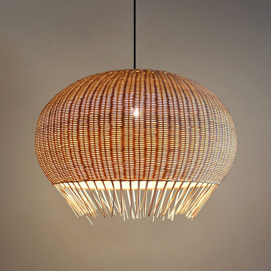 Sphere Dining Hall Hanging Pendant Bamboo 1 Bulb Asian Suspension Lighting with Fringe in Beige Clearhalo 'Ceiling Lights' 'Pendant Lights' 'Pendants' Lighting' 808226