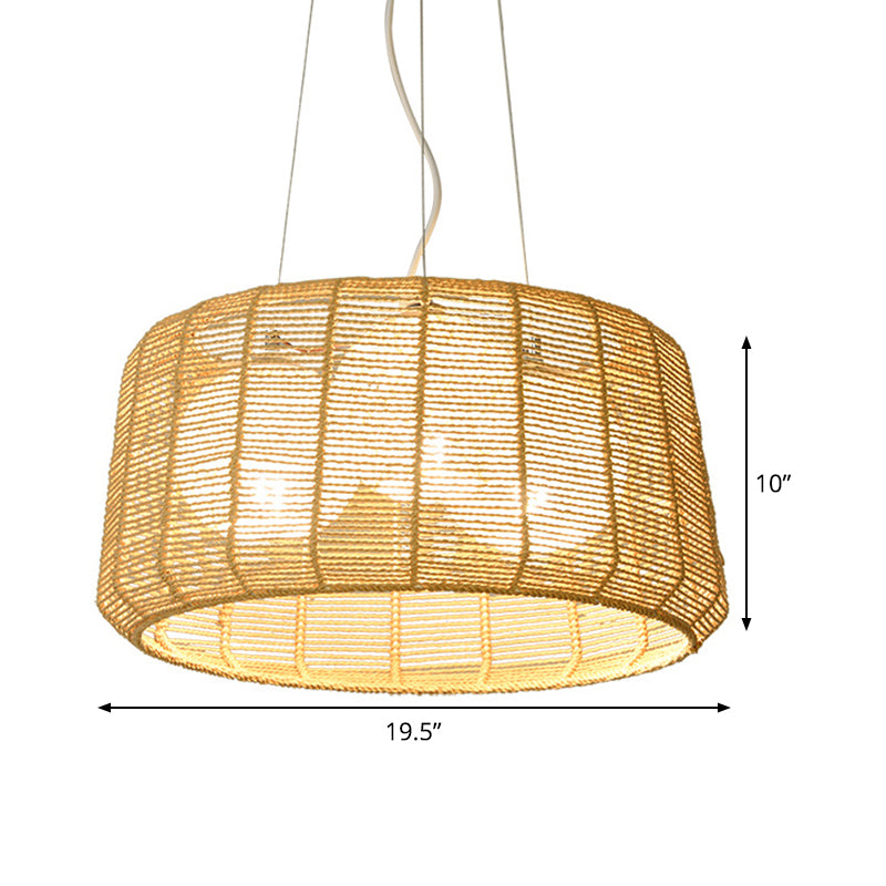 3-Light Guest Room Ceiling Chandelier Chinese Beige Pendant Light with Drum Bamboo Cage Clearhalo 'Ceiling Lights' 'Chandeliers' Lighting' options 808237
