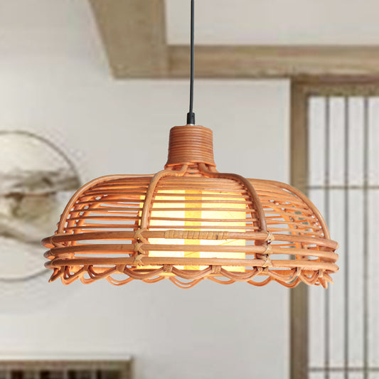 Shallow Bowl Bamboo Braided Drop Lamp Chinese Style 1 Head Beige Ceiling Pendant with Cylinder Shade Inside Clearhalo 'Ceiling Lights' 'Pendant Lights' 'Pendants' Lighting' 808256