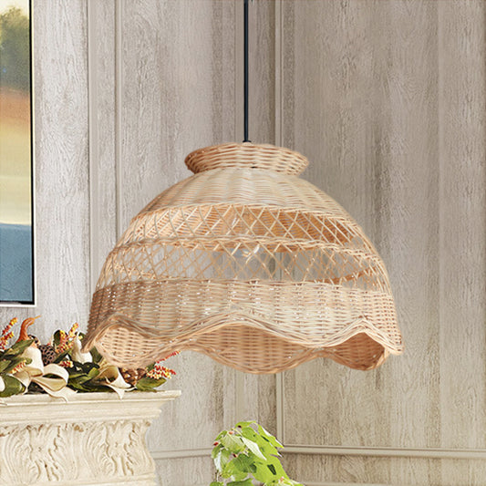 Bamboo Bowl Hollowed Out Hanging Light Asia 1 Bulb Beige Pendant Lighting with Scalloped Trim Clearhalo 'Ceiling Lights' 'Pendant Lights' 'Pendants' Lighting' 808271