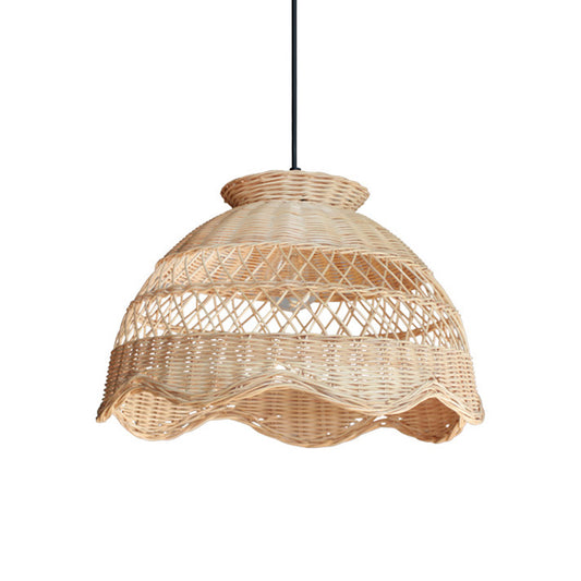 Bamboo Bowl Hollowed Out Hanging Light Asia 1 Bulb Beige Pendant Lighting with Scalloped Trim Clearhalo 'Ceiling Lights' 'Pendant Lights' 'Pendants' Lighting' 808272