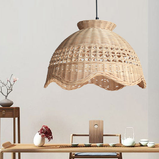 Domed Ceiling Pendant Modern Bamboo 1 Bulb Dining Table Suspended Lighting Fixture with Scalloped Edge Clearhalo 'Ceiling Lights' 'Pendant Lights' 'Pendants' Lighting' 808281