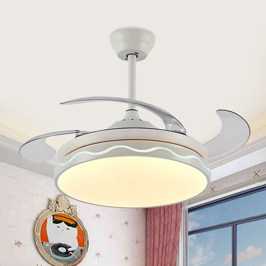 White Round Hanging Fan Lamp Nordic Style Acrylic Living Room LED 4 Blades Semi Flush Mount, Remote/Wall Control/Frequency Conversion and Remote Control, 42" Wide White Clearhalo 'Ceiling Fans with Lights' 'Ceiling Fans' 'Industrial Ceiling Fans' 'Industrial' Lighting' 808395