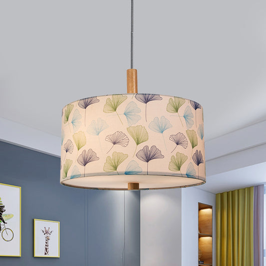 1 Bulb Ginkgo Leaves Suspension Light Countryside White Fabric Drum Ceiling Pendant Lamp Clearhalo 'Ceiling Lights' 'Pendant Lights' 'Pendants' Lighting' 808422