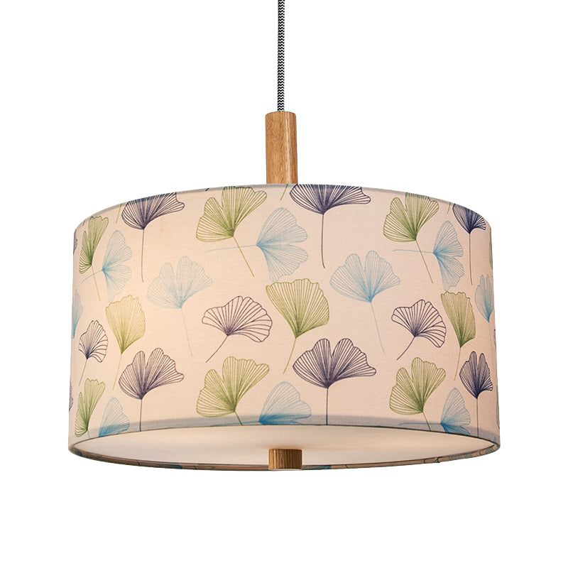 1 Bulb Ginkgo Leaves Suspension Light Countryside White Fabric Drum Ceiling Pendant Lamp Clearhalo 'Ceiling Lights' 'Pendant Lights' 'Pendants' Lighting' 808424