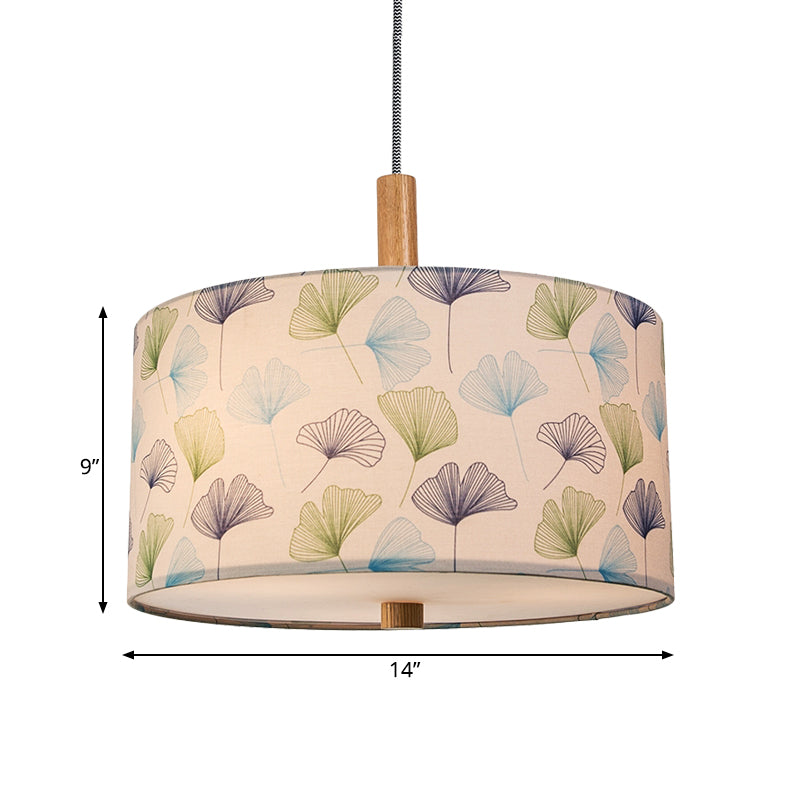 1 Bulb Ginkgo Leaves Suspension Light Countryside White Fabric Drum Ceiling Pendant Lamp Clearhalo 'Ceiling Lights' 'Pendant Lights' 'Pendants' Lighting' 808425