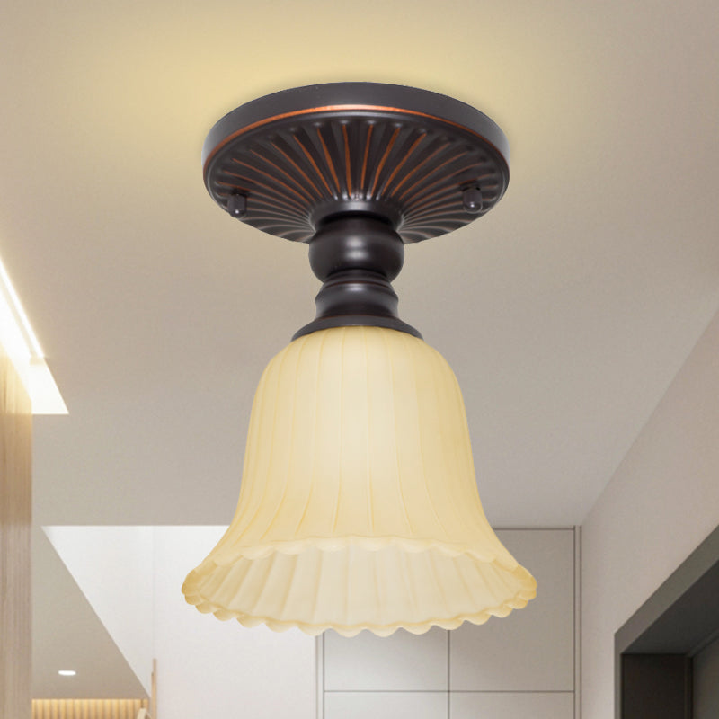 Flared Foyer Semi Flush Mount Traditional Ribbed Frosted Glass 1 Light Black Flushmount Black Clearhalo 'Ceiling Lights' 'Chandeliers' 'Close To Ceiling Lights' 'Close to ceiling' 'Glass shade' 'Glass' 'Semi-flushmount' Lighting' 808511