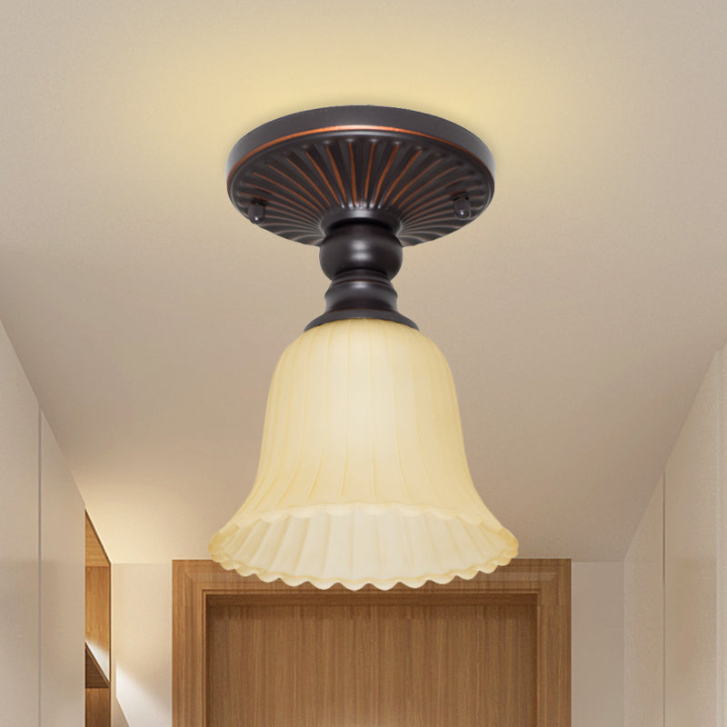 Flared Foyer Semi Flush Mount Traditional Ribbed Frosted Glass 1 Light Black Flushmount Clearhalo 'Ceiling Lights' 'Chandeliers' 'Close To Ceiling Lights' 'Close to ceiling' 'Glass shade' 'Glass' 'Semi-flushmount' Lighting' 808512