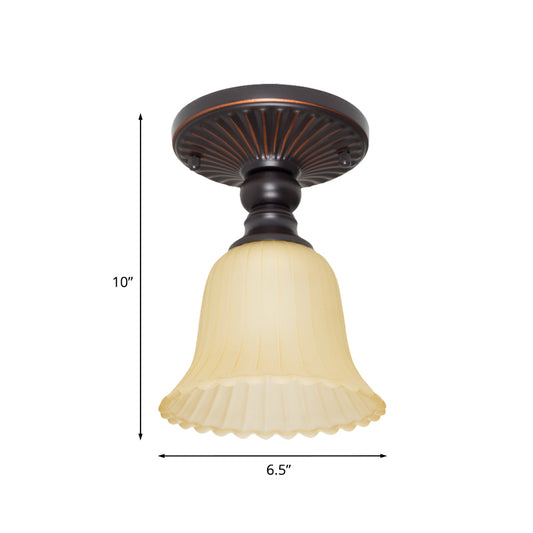 Flared Foyer Semi Flush Mount Traditional Ribbed Frosted Glass 1 Light Black Flushmount Clearhalo 'Ceiling Lights' 'Chandeliers' 'Close To Ceiling Lights' 'Close to ceiling' 'Glass shade' 'Glass' 'Semi-flushmount' Lighting' 808514