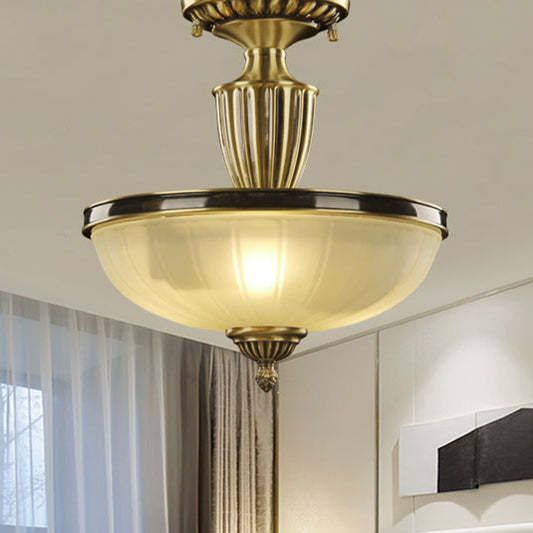 2-Bulb Semi Mount Lighting Retro Dome Frosted Glass Ceiling Light with Urn-Shaped Metal Rod in Gold Clearhalo 'Ceiling Lights' 'Close To Ceiling Lights' 'Close to ceiling' 'Glass shade' 'Glass' 'Semi-flushmount' Lighting' 808524