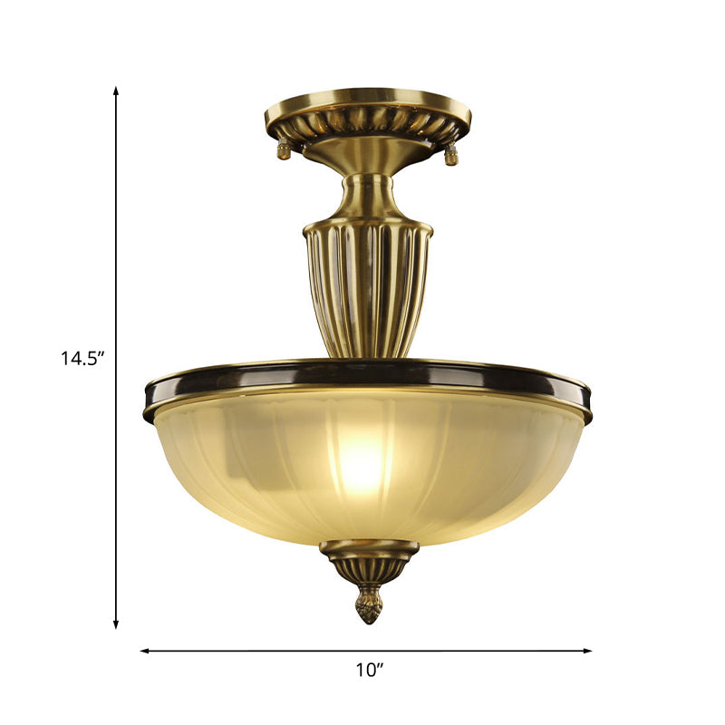 2-Bulb Semi Mount Lighting Retro Dome Frosted Glass Ceiling Light with Urn-Shaped Metal Rod in Gold Clearhalo 'Ceiling Lights' 'Close To Ceiling Lights' 'Close to ceiling' 'Glass shade' 'Glass' 'Semi-flushmount' Lighting' 808526