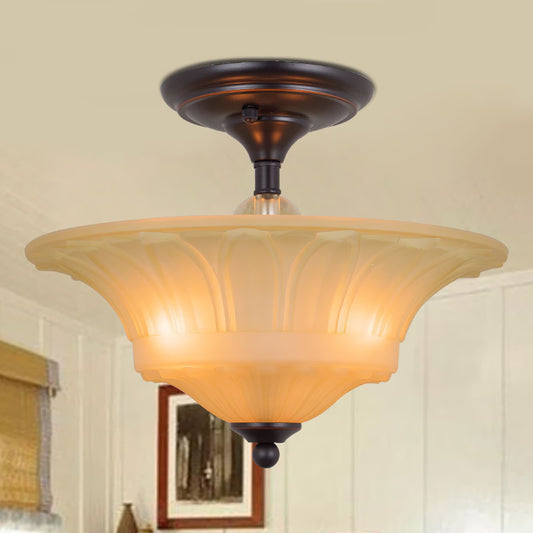 Beige Glass Bowl Flush Light Vintage 3/4 Heads Living Room Semi Flush Mount Lighting in Black, 14"/16" W Black 14" Clearhalo 'Ceiling Lights' 'Close To Ceiling Lights' 'Close to ceiling' 'Glass shade' 'Glass' 'Pendant Lights' 'Semi-flushmount' Lighting' 808531