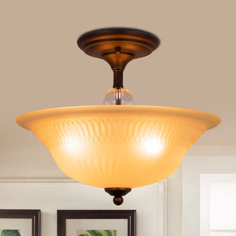 Beige Glass Bowl Flush Light Vintage 3/4 Heads Living Room Semi Flush Mount Lighting in Black, 14"/16" W Black 16" Clearhalo 'Ceiling Lights' 'Close To Ceiling Lights' 'Close to ceiling' 'Glass shade' 'Glass' 'Pendant Lights' 'Semi-flushmount' Lighting' 808535