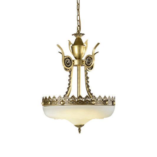 12"/16" W Cream Glass Inverted Chandelier Traditionalist 3 Lights Dining Room Hanging Light Fixture in Beige/Brass Clearhalo 'Ceiling Lights' 'Chandeliers' 'Glass shade' 'Glass' 'Pendant Lights' Lighting' 808575