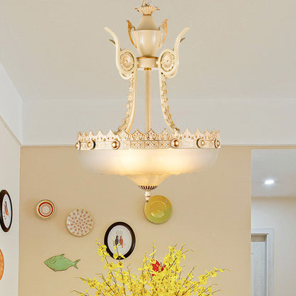 12"/16" W Cream Glass Inverted Chandelier Traditionalist 3 Lights Dining Room Hanging Light Fixture in Beige/Brass Beige Clearhalo 'Ceiling Lights' 'Chandeliers' 'Glass shade' 'Glass' 'Pendant Lights' Lighting' 808578