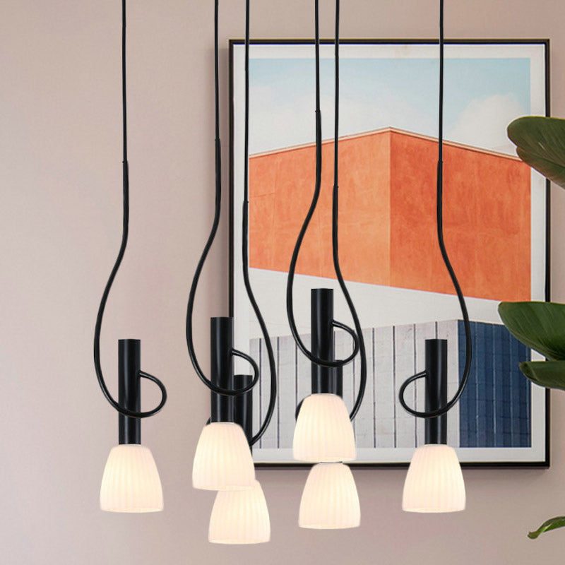 Traditionalism Bud Cluster Pendant 3/6 Heads Opal Glass Hanging Lamp in Black with Round/Linear Canopy Clearhalo 'Ceiling Lights' 'Chandeliers' 'Close To Ceiling Lights' 'Glass shade' 'Glass' 'Pendant Lights' 'Pendants' Lighting' 808592