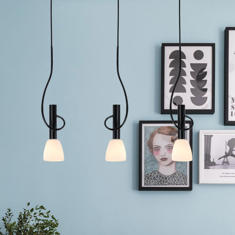 Traditionalism Bud Cluster Pendant 3/6 Heads Opal Glass Hanging Lamp in Black with Round/Linear Canopy Clearhalo 'Ceiling Lights' 'Chandeliers' 'Close To Ceiling Lights' 'Glass shade' 'Glass' 'Pendant Lights' 'Pendants' Lighting' 808596