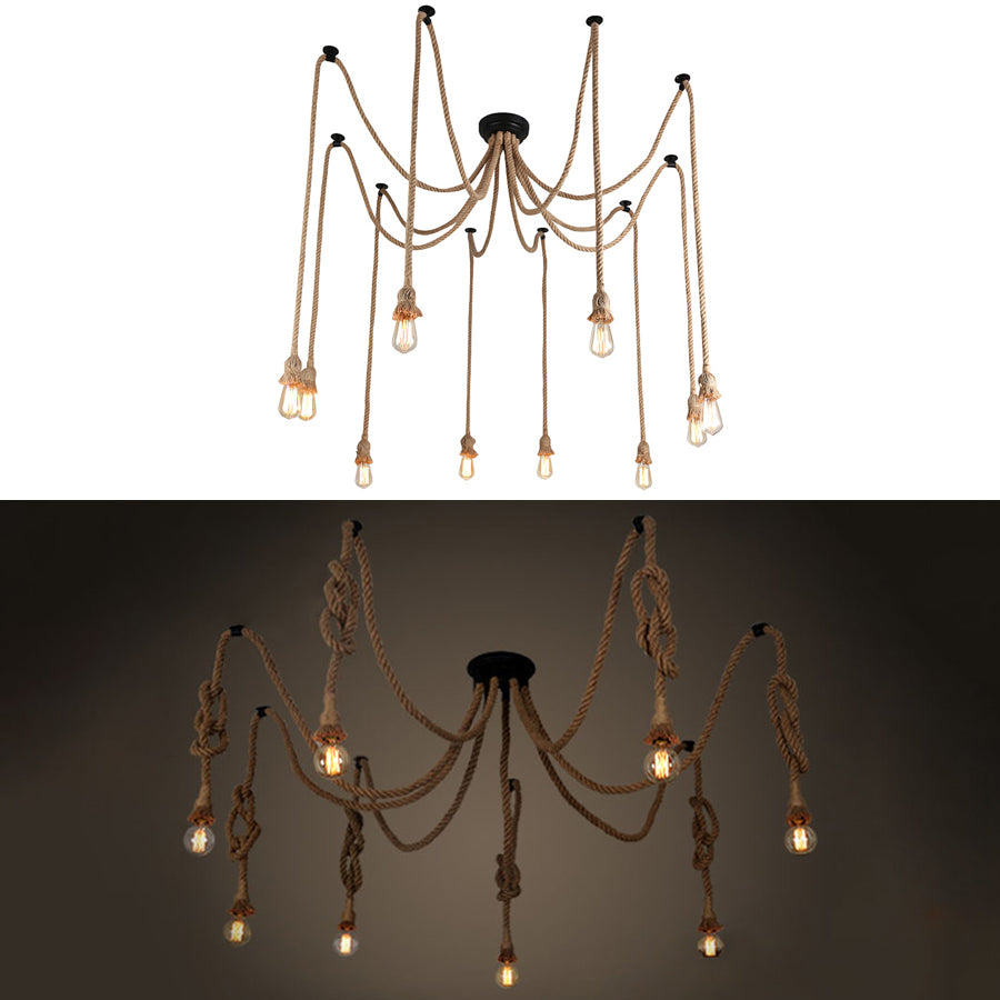 Farmhouse Style Swag Pendant Lighting with Bare Bulb 8/10 Lights Rope Hanging Light Fixture in Beige Clearhalo 'Ceiling Lights' 'Industrial Pendants' 'Industrial' 'Middle Century Pendants' 'Pendant Lights' 'Pendants' 'Tiffany' Lighting' 8086