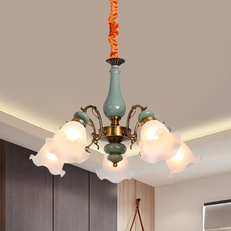 Flower Opal Glass Ceiling Chandelier Traditional 3/5 Heads Living Room Pendulum Light in Light Blue/Pewter Clearhalo 'Ceiling Lights' 'Chandeliers' Lighting' options 808617
