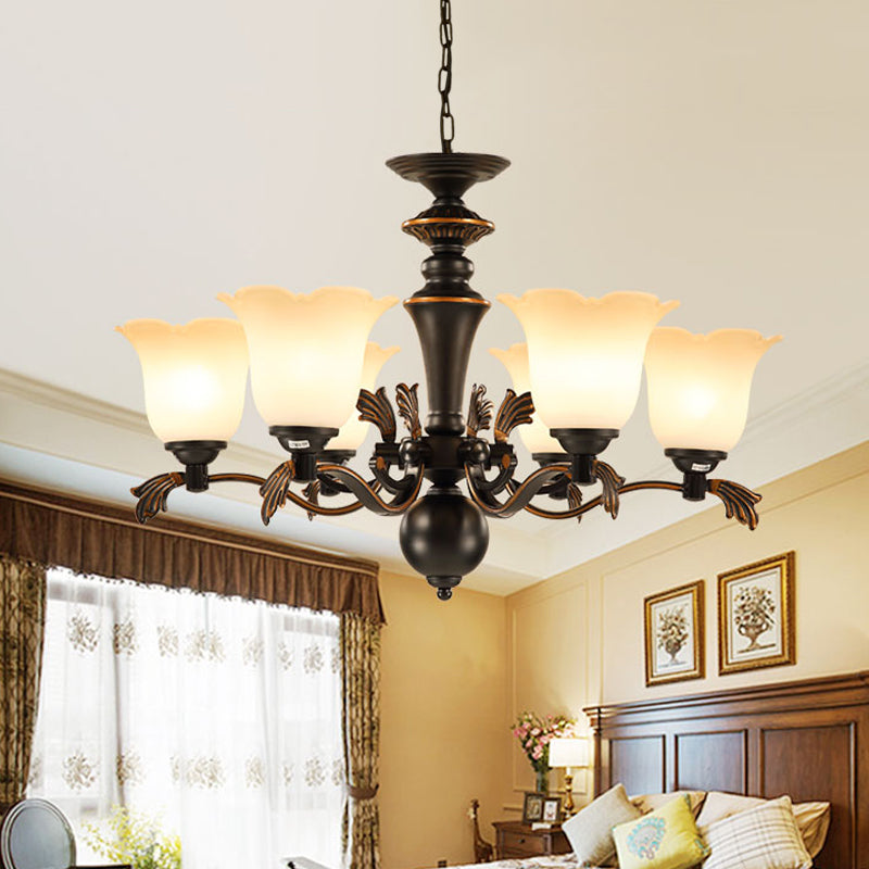 6 Bulbs Hanging Chandelier Vintage Floral Frosted Glass Up Ceiling Suspension Light in Black Black Clearhalo 'Ceiling Lights' 'Chandeliers' Lighting' options 808626_a0f5751d-9328-43c9-ad6c-6f6d4098d70d