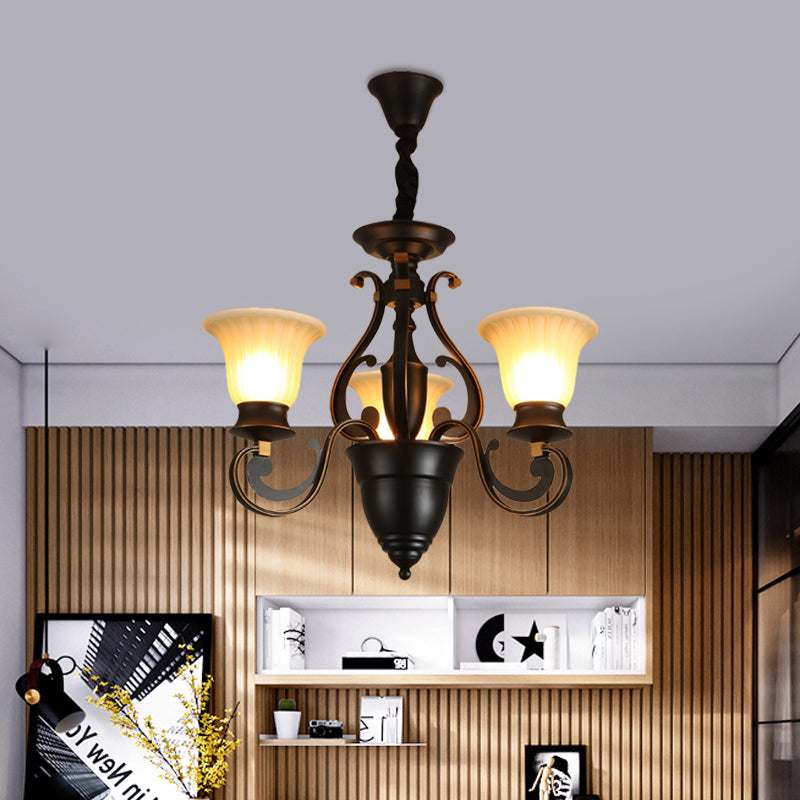 Black 3/5-Light Ceiling Chandelier Antiqued Frosted Glass Bell Shaped Up/Down Hanging Lamp Kit 3 Black Clearhalo 'Ceiling Lights' 'Chandeliers' Lighting' options 808630_afca985e-b65b-492e-939f-116ba7c356c1
