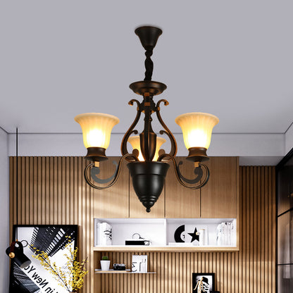 Black 3/5-Light Ceiling Chandelier Antiqued Frosted Glass Bell Shaped Up/Down Hanging Lamp Kit 3 Black Clearhalo 'Ceiling Lights' 'Chandeliers' Lighting' options 808630_afca985e-b65b-492e-939f-116ba7c356c1