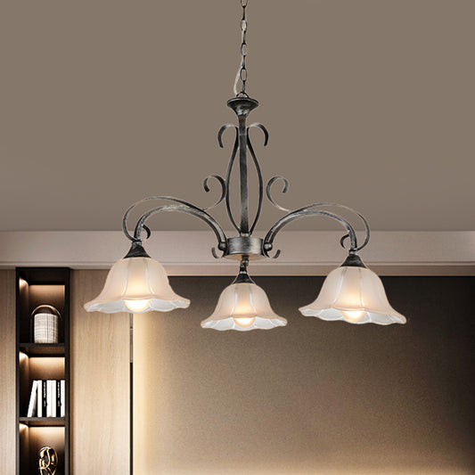 Translucent Glass Floral Pendant Lighting Vintage 3-Head Living Room Chandelier Lamp Fixture in Silver Clearhalo 'Ceiling Lights' 'Chandeliers' Lighting' options 808639