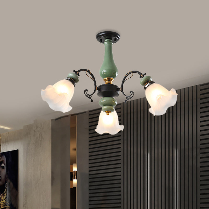 Gold/Black Floral Semi Mount Lighting Traditional Opal Glass 3/5 Heads Bedroom Close to Ceiling Lamp Clearhalo 'Ceiling Lights' 'Close To Ceiling Lights' 'Close to ceiling' 'Glass shade' 'Glass' 'Semi-flushmount' Lighting' 808644