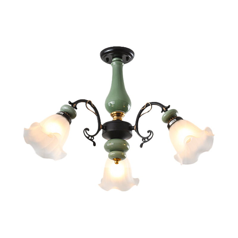 Gold/Black Floral Semi Mount Lighting Traditional Opal Glass 3/5 Heads Bedroom Close to Ceiling Lamp Clearhalo 'Ceiling Lights' 'Close To Ceiling Lights' 'Close to ceiling' 'Glass shade' 'Glass' 'Semi-flushmount' Lighting' 808645