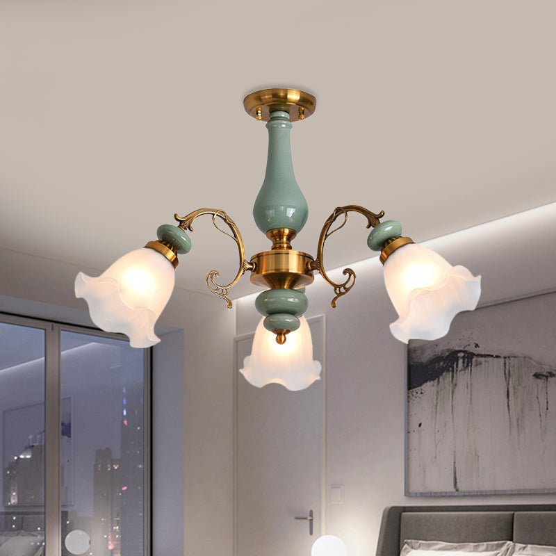 Gold/Black Floral Semi Mount Lighting Traditional Opal Glass 3/5 Heads Bedroom Close to Ceiling Lamp Clearhalo 'Ceiling Lights' 'Close To Ceiling Lights' 'Close to ceiling' 'Glass shade' 'Glass' 'Semi-flushmount' Lighting' 808648