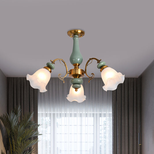 Gold/Black Floral Semi Mount Lighting Traditional Opal Glass 3/5 Heads Bedroom Close to Ceiling Lamp Clearhalo 'Ceiling Lights' 'Close To Ceiling Lights' 'Close to ceiling' 'Glass shade' 'Glass' 'Semi-flushmount' Lighting' 808649
