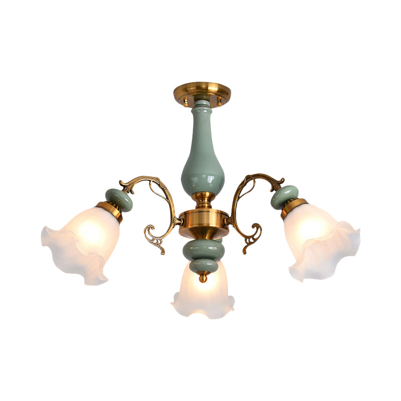 Gold/Black Floral Semi Mount Lighting Traditional Opal Glass 3/5 Heads Bedroom Close to Ceiling Lamp Clearhalo 'Ceiling Lights' 'Close To Ceiling Lights' 'Close to ceiling' 'Glass shade' 'Glass' 'Semi-flushmount' Lighting' 808650