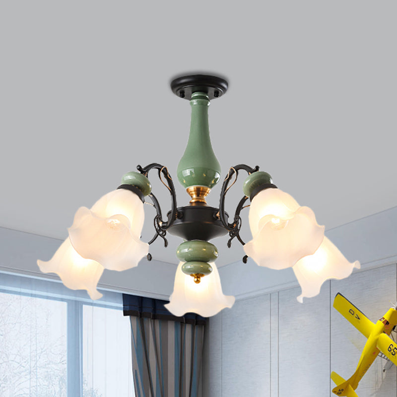 Gold/Black Floral Semi Mount Lighting Traditional Opal Glass 3/5 Heads Bedroom Close to Ceiling Lamp 5 Black Clearhalo 'Ceiling Lights' 'Close To Ceiling Lights' 'Close to ceiling' 'Glass shade' 'Glass' 'Semi-flushmount' Lighting' 808651
